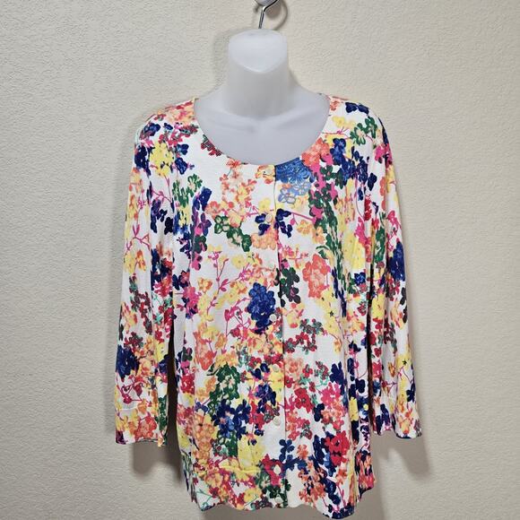 Talbots Womens L Cardigan Sweater Floral Colorful Lightweight Layer 3/4 Sleeve - Picture 4 of 15